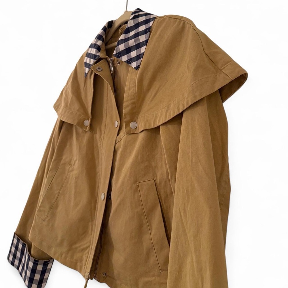 Avec Les Filles Gingham Trim Cape Trench Jacket Khaki Tan XS NWT - Picture 7 of 12